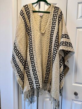 Free People Cream/Beige and Black Loose Fit Knit Fringe Poncho